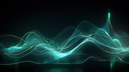 Fototapeta na wymiar Abstract futuristic background with green and blue glowing neon moving high speed wave lines and bokeh lights. Visualization of sound waves. Data transfer concept. Fantastic wallpaper. Generative AI