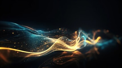 Abstract futuristic background with gold and blue glowing neon moving high speed wave lines and bokeh lights. Visualization of sound waves. Data transfer concept. Fantastic wallpaper. Generative AI