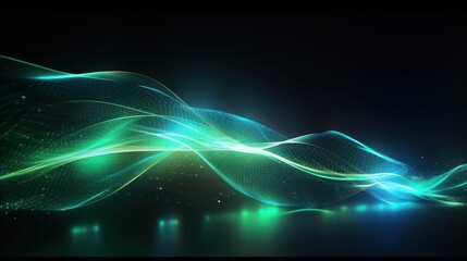 Fototapeta na wymiar Abstract futuristic background with green and blue glowing neon moving high speed wave lines and bokeh lights. Visualization of sound waves. Data transfer concept. Fantastic wallpaper. Generative AI