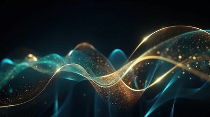 Abstract futuristic background with gold and blue glowing neon moving high speed wave lines and bokeh lights. Visualization of sound waves. Data transfer concept. Fantastic wallpaper. Generative AI
