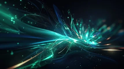 Deurstickers Fractale golven Abstract futuristic background with green and blue glowing neon moving high speed wave lines and bokeh lights. Visualization of sound waves. Data transfer concept. Fantastic wallpaper. Generative AI