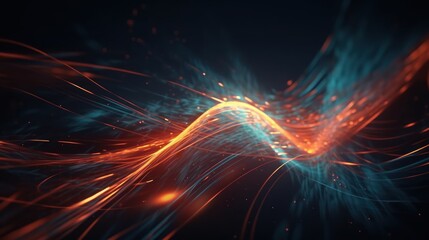 Abstract futuristic background with orange and blue glowing neon moving high speed wave lines and bokeh lights. Visualization of sound waves. Data transfer concept. Fantastic wallpaper. Generative AI