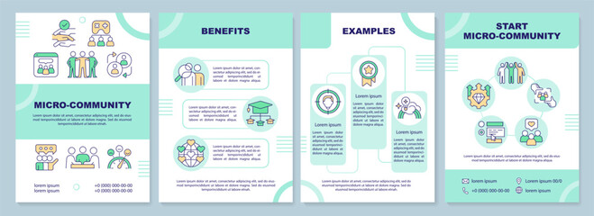 Micro community green brochure template. Social connection. Leaflet design with linear icons. Editable 4 vector layouts for presentation, annual reports. Arial-Black, Myriad Pro-Regular fonts used