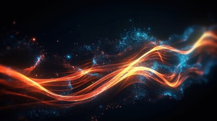 Abstract futuristic background with orange and blue glowing neon moving high speed wave lines and bokeh lights. Visualization of sound waves. Data transfer concept. Fantastic wallpaper. Generative AI