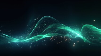 Abstract futuristic background with green and blue glowing neon moving high speed wave lines and bokeh lights. Visualization of sound waves. Data transfer concept. Fantastic wallpaper. Generative AI - obrazy, fototapety, plakaty