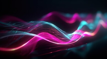 Abstract futuristic background with pink and blue glowing neon moving high speed wave lines and bokeh lights. Visualization of sound waves. Data transfer concept. Fantastic wallpaper. Generative AI