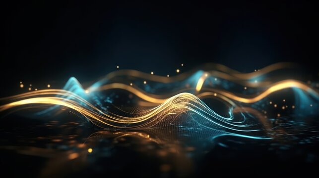 Abstract Futuristic Background With Gold And Blue Glowing Neon Moving High Speed Wave Lines And Bokeh Lights. Visualization Of Sound Waves. Data Transfer Concept. Fantastic Wallpaper. Generative AI