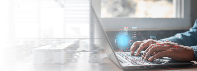 Businessman working on laptop with virtual screen. Online documentation database, IT consultant being set up Virtual Document Management System with a laptop, Software for archiving corporate files.