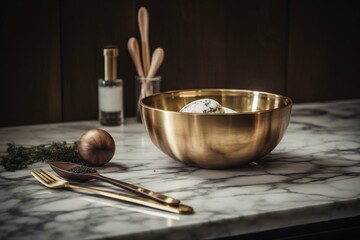 A counter with golden utensils and a bowl on a marble top. Generative AI