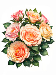 Colorful roses on white background, watercolor style. Bud and flowers of roses on white background, watercolor hand drawing, botanical painting