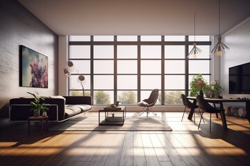Fototapeta na wymiar Vivid modern living space with big window and blank artwork. Generative AI