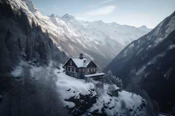Mountainous dwelling amid snowy terrain. Generative AI