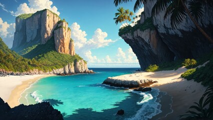 a beach with a rock arch. Ai llustration. digital painting. Artificial Intelligence Artwork