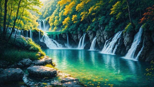 a waterfall with trees around it. Ai llustration. digital painting. Artificial Intelligence Artwork