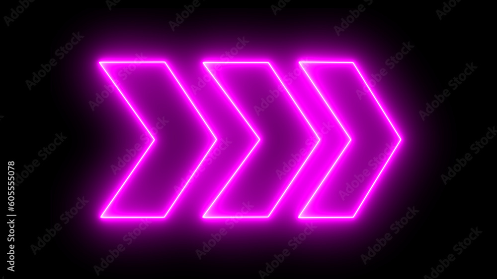 Poster bright purple neon light arrows pointing to the right. 3d rendering of glowing neon arrows on a blac