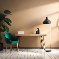 Mock up for branding products and cosmetics. Empty wooden table with light reflections. Composition with leaves and windows shadow on the wall and wooden table. Generative AI
