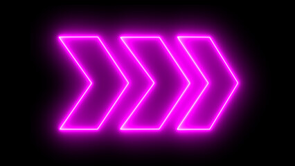 bright purple neon light arrows pointing to the right. 3D rendering of glowing neon arrows on a...