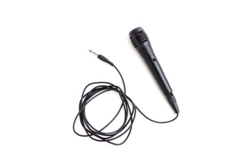 Black microphone with cable isolated on white background