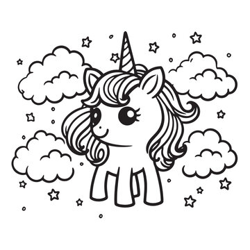 Cute fantasy unicorn on a rainbow among the clouds. Black and white coloring pages for kids, simple lines, vector  