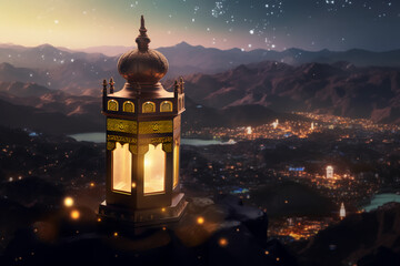 Ramadan lantern with Islamic inscriptions on the hills of the mountains with lights in the background and decorative lights in the front, creative ai