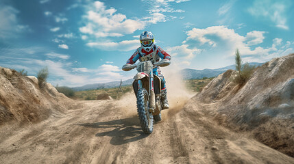 Fototapeta na wymiar Biker on the motocross motorcycle riding on high speed in the mountains. Generative art