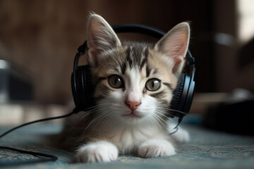 The kitten listens to music with headphones and enjoys it. Generative AI illustration.