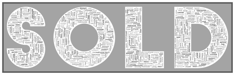 Naklejka premium SOLD text filled with related keywords of various sizes. Sold word cloud. Elegant vector illustration.