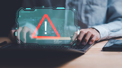 Programmer and virtual icons, exclamation mark ,alarm,computer virus detected ,danger warning...