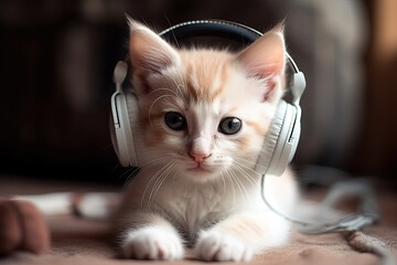 The kitten listens to music with headphones and enjoys it. Generative AI illustration.