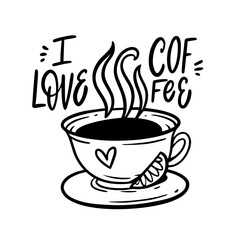 A vector illustration of a coffee cup in line art style accompanies the phrase 