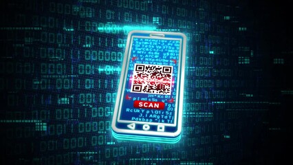 3D blue mobile phone scanning QR Code glowing shining with blue binary code encryption data isolated on digital background, Privacy security protection network encode decode online access concept - Powered by Adobe