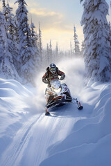 Fototapeta na wymiar Snowmobile riding at beautiful winter snowcapped road, with a huge splashes of snow. Generative art