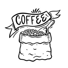 Black and white vector illustration of coffee beans in a bag with a scoop and 