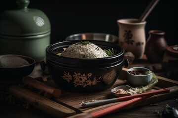 Obraz na płótnie Canvas Rice cooker, tea bowl, and spatula. Generative AI
