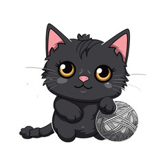Cute cartoon black kitten with a ball of yarn. Vector illustration