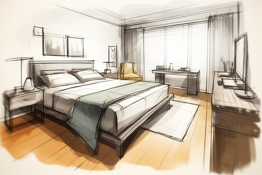 An abstract design of a bedroom interior sketch. Generative AI