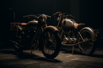 Fototapeta na wymiar Motorbikes of different eras on a dark background. Generative AI