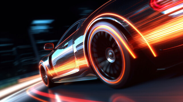 Sense of speed. Abstract car riding on high speed, focus on the wheel, light races blurred in motion. Generative art © Cheport