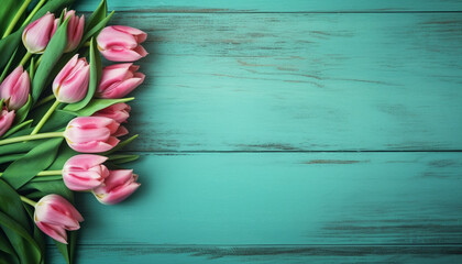 Fototapeta na wymiar Tulip border with copy space. Beautiful frame composition of spring flowers. Bouquet of pink tulips flowers on turquoise blue vintage wooden background