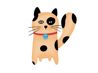 Orange cartoon cat with black dots standing on the ground.on a white background.