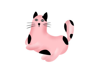 pink cartoon cat with black dots
sleeping on a white background.