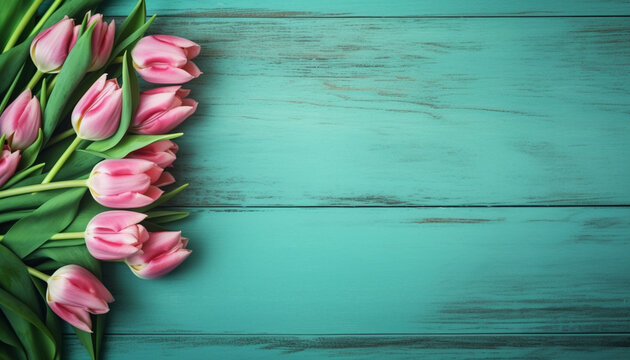 Tulip border with copy space. Beautiful frame composition of spring flowers. Bouquet of pink tulips flowers on turquoise blue vintage wooden background