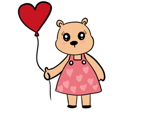cartoon cute brown bear holding red heart balloons.on a white background.