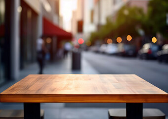 Empty wooden table and blurred background of city street. For product display. High quality photo