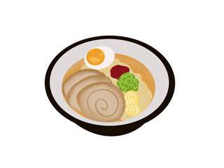 Ramen, a dish made with noodles and toppings. with delicious soup beautifully decorated in a cup on a white background.