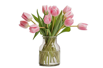 Obraz na płótnie Canvas Pink tulip flowers in vase isolated on white background. generative AI