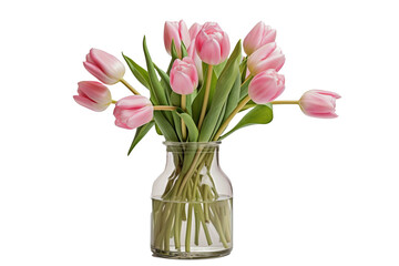 Pink tulip flowers in vase isolated on white background. generative AI
