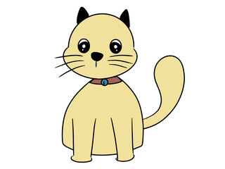 cartoon yellow cat sitting and looking on white background.