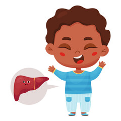 Joyful healthy dark-skinned ethnic boy. Happy character internal organ liver. Vector illustration in cartoon style. Kids collection, design and decor on medical anatomical topics.