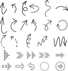 Arrows set  black icons. dot icon.  collection. Arrow. Cursor. Modern simple arrows hand drawn, doodle line, outline, Vector illustration.